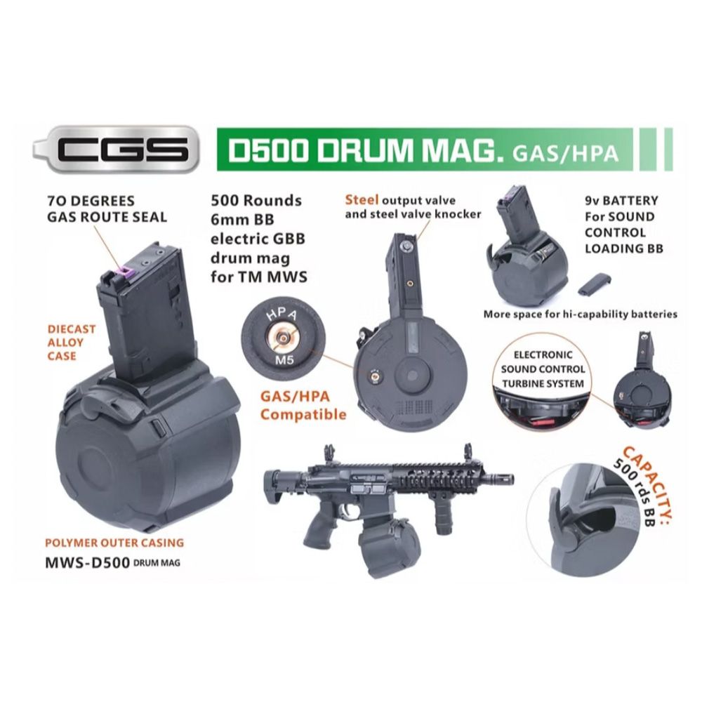 Cyma MWS D500 Gas/HPA 500rd Drum Magazine for M4 MWS System