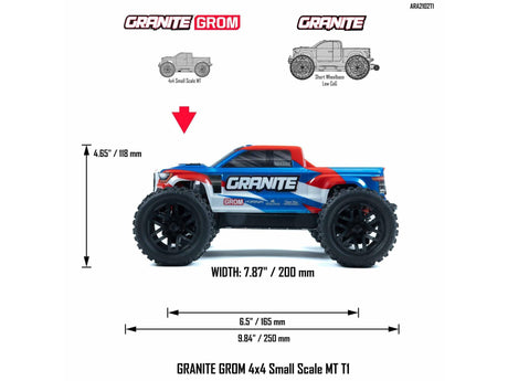 Arrma Granite GROM 4wd MT 1/18 RTR Mega with Lipo Battery and USB Charger - Blue/Red-17