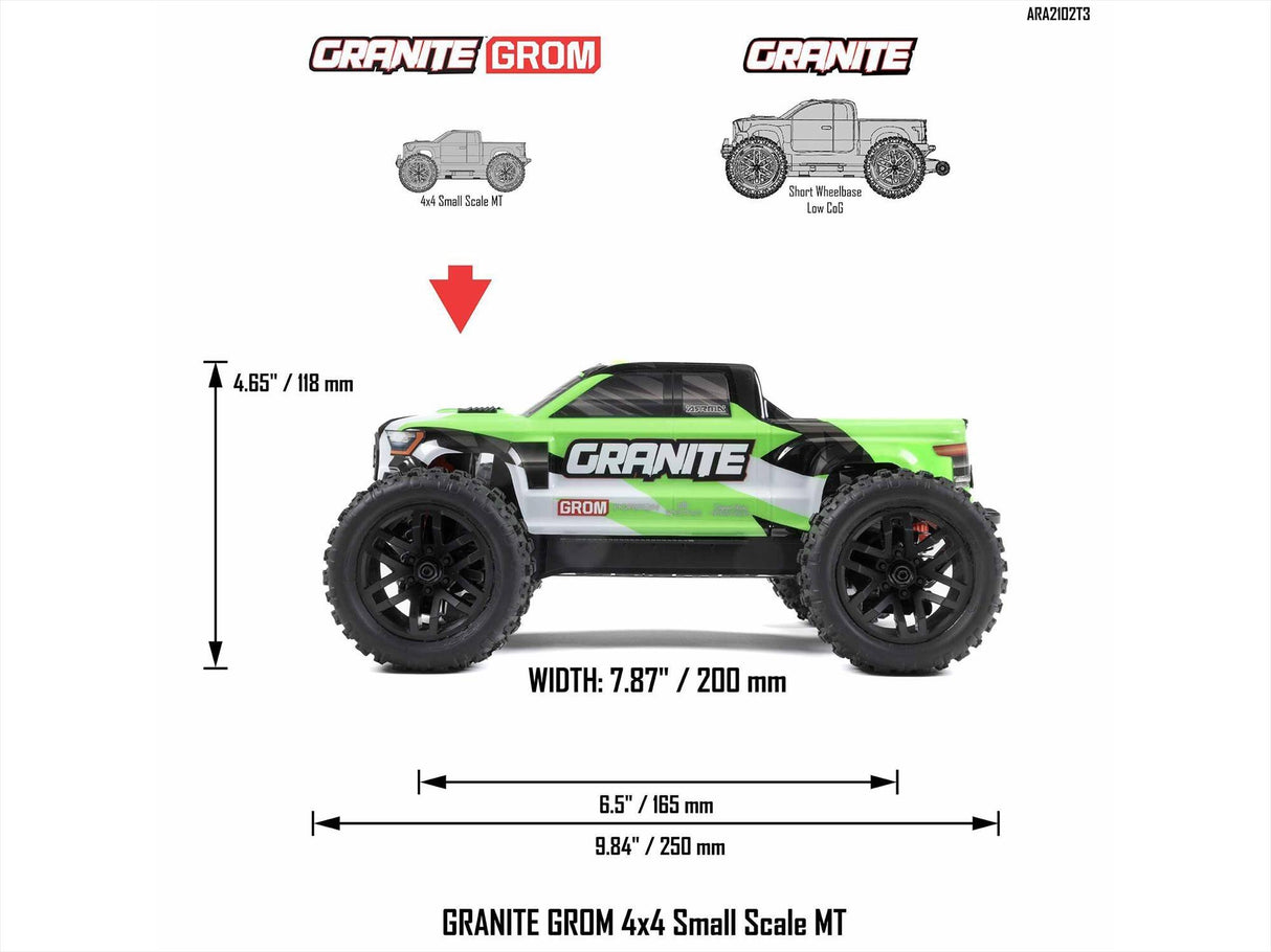 Arrma Granite GROM 4wd MT 1/18 RTR Mega with Lipo Battery and USB Charger - Black/Green-17