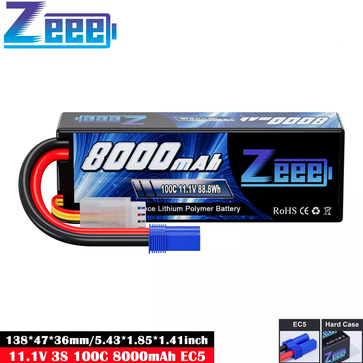 ZEEE 8000mAh 11.1V 100C Lipo Stick Battery Pack - EC5